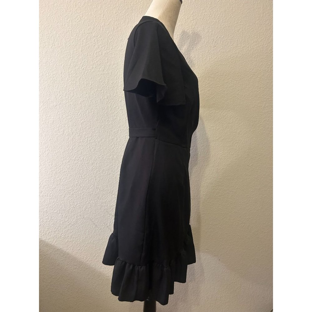 Women's Black Wrap Midi Dress with Ruffle Hem - Picture 4 of 12